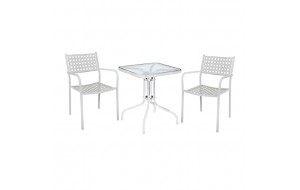Baleno set εξωτερικού χώρου με τραπέζι δύο πολυθρόνες caprice από μέταλλο σε λευκό χρώμα