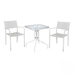 Baleno set εξωτερικού χώρου με τραπέζι δύο πολυθρόνες caprice από μέταλλο σε λευκό χρώμα