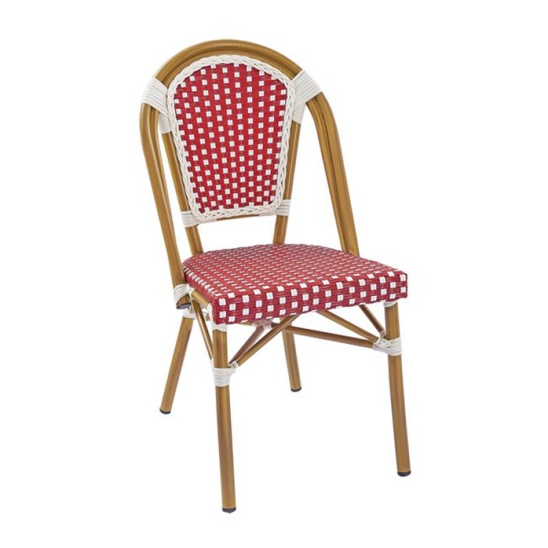 Paris καρέκλα στοιβαζόμενη bistro με σκελετό από αλουμίνιο σε καφέ χρώμα και wicker λευκό με κόκκινο 46x57x88 εκ