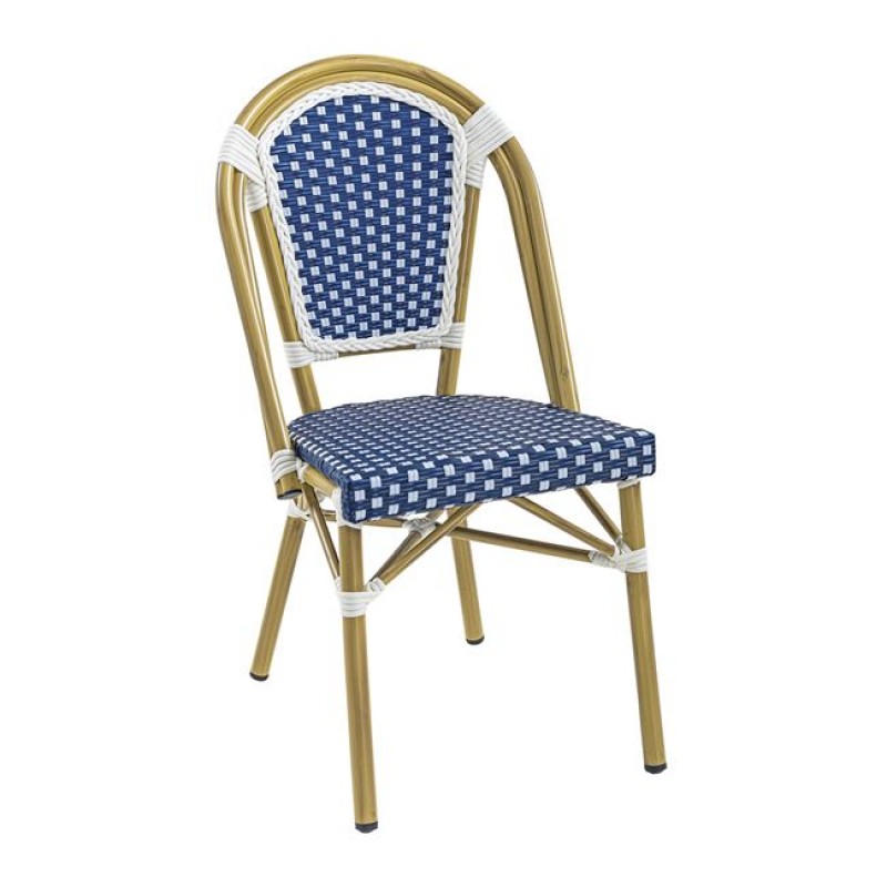 Paris καρέκλα στοιβαζόμενη bistro με σκελετό από αλουμίνιο σε καφέ χρώμα και wicker λευκό με μπλε 46x57x88 εκ
