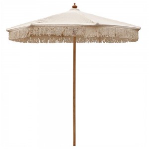 Ομπρέλα ξύλινη με πανί πλεκτό μακραμέ μπεζ 250 εκ