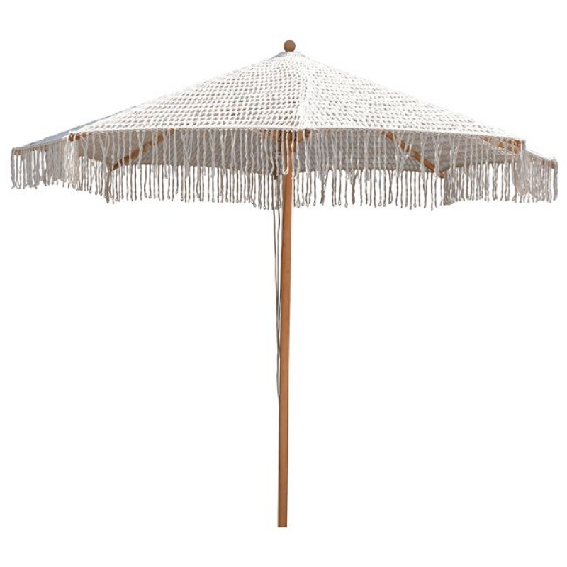 Μακραμέ πλεκτή ομπρέλα στρογγυλή μπεζ με ξύλινο σκελετό 300 εκ