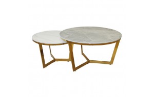 Otto Set 2 Τραπεζάκια Σαλονιού   Χρώμιο Χρυσό  Sintered Stone Grey-White Marble