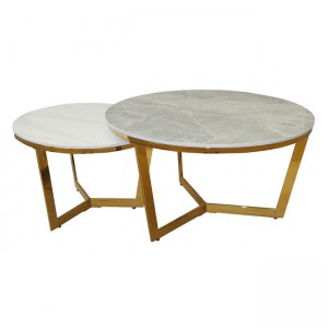 Otto Set 2 Τραπεζάκια Σαλονιού   Χρώμιο Χρυσό  Sintered Stone Grey-White Marble