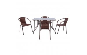 Baleno σετ τραπέζι με τέσσερις πολυθρόνες μεταλλικό με wicker καφέ 110x60x71 εκ