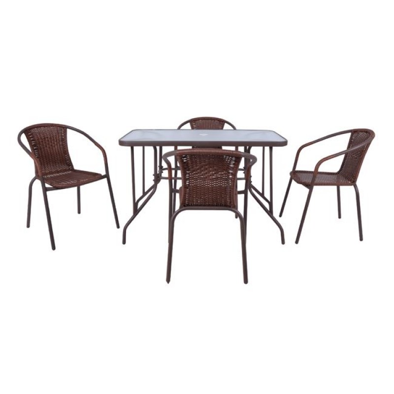 Baleno σετ τραπέζι με τέσσερις πολυθρόνες μεταλλικό με wicker καφέ