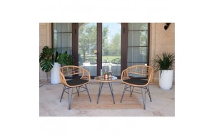 Lounger set Salsa καθιστικό με μεταλλικό μαύρο σκελετό και wicker σε φυσική απόχρωση