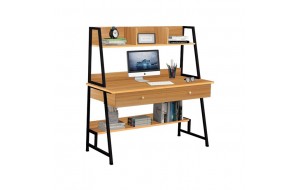 Γραφείο υπολογιστή με δύο συρτάρια και ράφια από ξύλο και μέταλλο σε φυσική απόχρωση 120x48x73 εκ