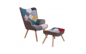 Maron Set μπερζέρα και υποπόδιο με ύφασμα patchwork και ξύλινο σκελετό σε φυσική απόχρωση