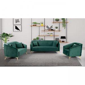 Luxe σετ σαλονιού με δύο καναπέδες και μια πολυθρόνα με πράσινο ύφασμα