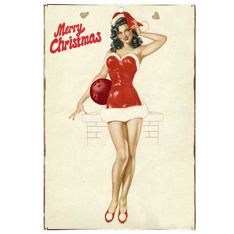 Merry Christmas pin-up girl vintage Χριστουγεννιάτικο ξύλινο πινακάκι