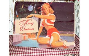 Christmas pin-up girl vintage Χριστουγεννιάτικο ξύλινο πινακάκι