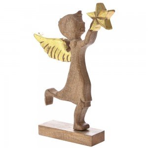 Διακοσμητικό Χριστουγεννιάτικο ξύλινο αγγελάκι με χρυσά φτερά και αστέρι 18x3x31 εκ
