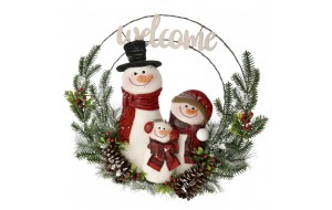 Χριστουγεννιάτικο στεφάνι Welcome με χιονάνθρωπους κουκουνάρια και berries 50x9x50 εκ