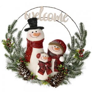 Χριστουγεννιάτικο στεφάνι Welcome με χιονάνθρωπους κουκουνάρια και berries 50x9x50 εκ
