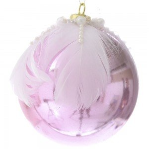 Χριστουγεννιάτικη μπάλα σε ροζ απόχρωση με πούπουλα σετ τριών τεμαχίων διαμέτρου 10 εκ