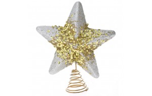 Ασημί χριστουγεννιάτικο αστέρι κορυφή δέντρου με χρυσές πούλιες 20 εκ