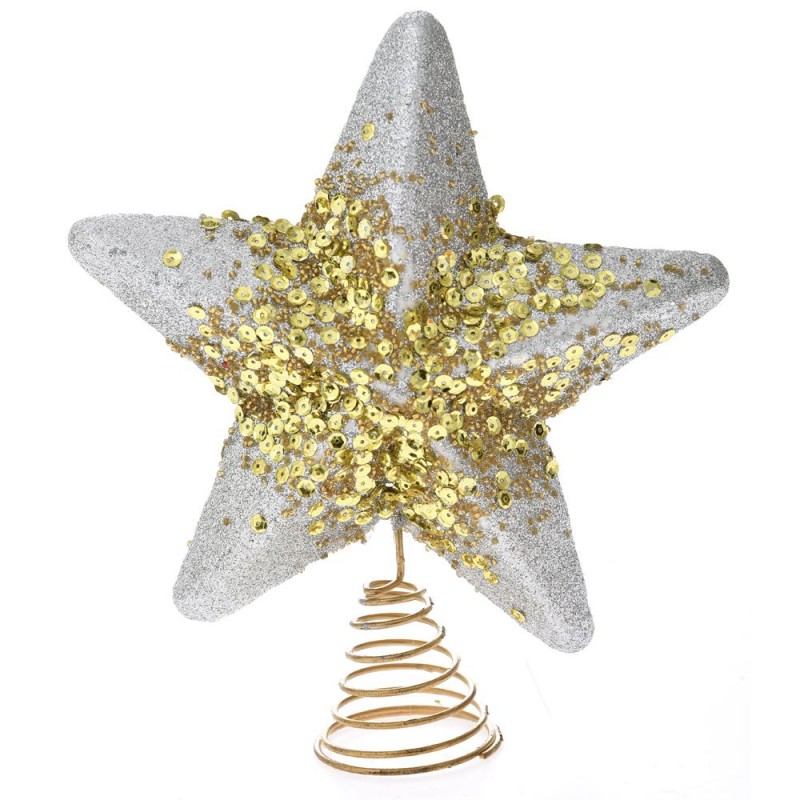 Ασημί χριστουγεννιάτικο αστέρι κορυφή δέντρου με χρυσές πούλιες 20 εκ