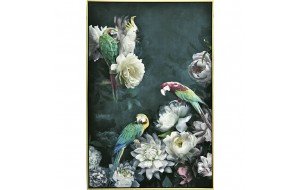 Πίνακας Ζωγραφικής με λουλούδια και παπαγάλους με χρυσή κορνίζα 122x82 εκ