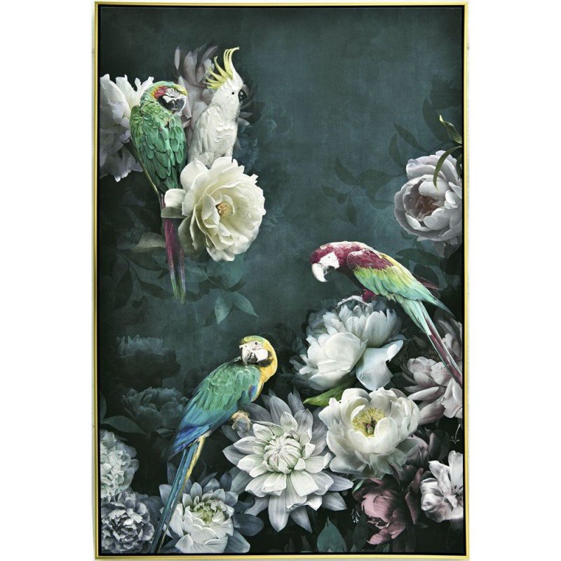 Πίνακας Ζωγραφικής με λουλούδια και παπαγάλους με χρυσή κορνίζα 122x82 εκ