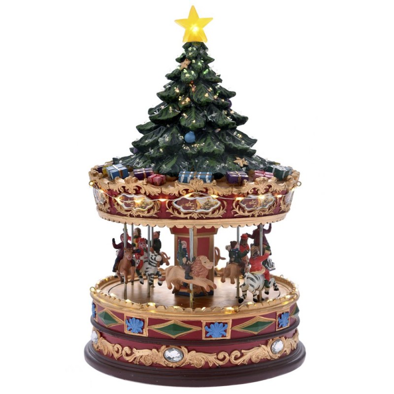 Χριστουγεννιάτικο φωτιζόμενο καρουζέλ με δέντρο στην σκεπή με μουσική και κίνηση 21x35 εκ