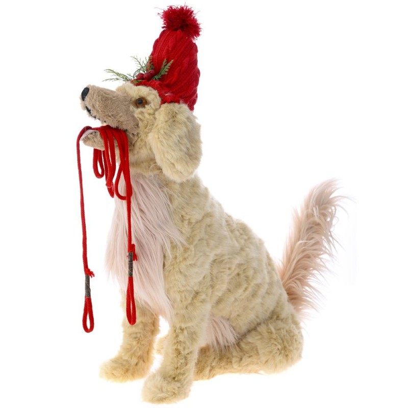 Χριστουγεννιάτικο διακοσμητικό σκυλάκι σε κρεμ χρώμα με κόκκινο σκούφο 52x30x62 εκ
