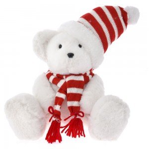 Χριστουγεννιάτικο λευκό αρκουδάκι με κόκκινο κασκόλ και σκούφο 19x25x22 εκ
