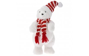 Χριστουγεννιάτικο λευκό αρκουδάκι με κόκκινο κασκόλ και σκούφο 24x14x44 εκ