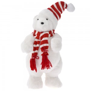 Χριστουγεννιάτικο λευκό αρκουδάκι με κόκκινο κασκόλ και σκούφο 24x14x44 εκ