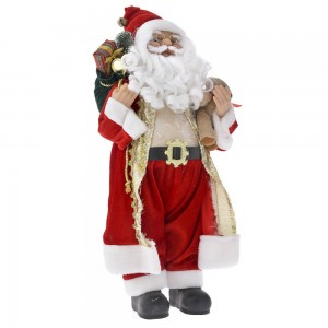 Άγιος Βασίλης φιγούρα με χρυσά ρούχα που κρατάει δώρα και αρκουδάκι 80 εκ