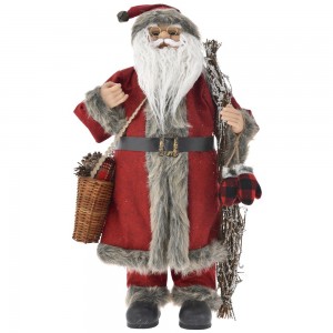 Κλασσική φιγούρα Άγιος Βασίλης με μπορντώ γκρι ρούχα που κρατάει καλάθι με ξύλα 60 εκ