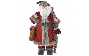 Άγιος Βασίλης διακοσμητική φιγούρα με γκρι γούνα και μπορντώ ρούχα που κρατάει καλάθι με ξύλα 80 εκ