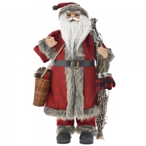 Άγιος Βασίλης διακοσμητική φιγούρα με γκρι γούνα και μπορντώ ρούχα που κρατάει καλάθι με ξύλα 80 εκ