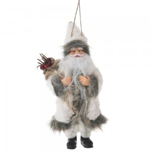 Διακοσμητική κλασσική φιγούρα Άγιος Βασίλης με γκρι ρούχα που κρατάει μπαστούνια του σκι 20 εκ