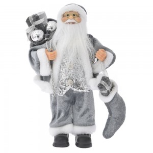 Κλασσική φιγούρα Άγιος Βασίλης με γκρι βελουτέ ρούχα που κρατάει δώρα 30 εκ
