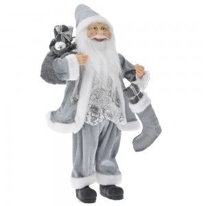 Άγιος Βασίλης διακοσμητική φιγούρα με βελουτέ και γκρι ρούχα που κρατάει δώρα 45 εκ