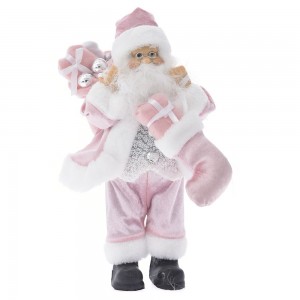 Άγιος Βασίλης διακοσμητικός με ροζ και λευκά ρούχα που κρατάει μια κάλτσα Χριστουγεννιάτικη και δώρα 30 εκ