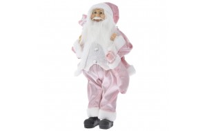 Άγιος Βασίλης διακοσμητικός με ροζ και λευκά ρούχα που κρατάει μια κάλτσα Χριστουγεννιάτικη και δώρα 45 εκ