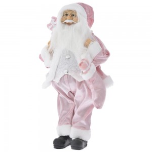 Άγιος Βασίλης διακοσμητικός με ροζ και λεύκα ρούχα που κρατάει μια κάλτσα Χριστουγεννιάτικη και δώρα 45 εκ