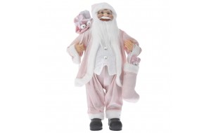 Άγιος Βασίλης διακοσμητική φιγούρα με λευκά και ροζ βελουτέ ρούχα που κρατάει δώρα 60 εκ