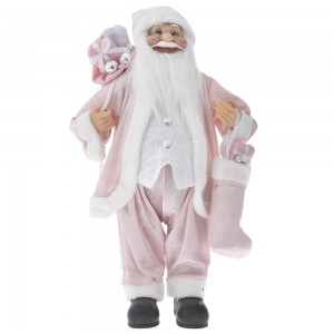 Άγιος Βασίλης διακοσμητική φιγούρα με λεύκα και ροζ βελουτέ ρούχα που κρατάει δώρα 60 εκ
