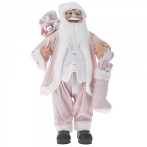Άγιος Βασίλης διακοσμητική φιγούρα με λευκά και ροζ βελουτέ ρούχα που κρατάει δώρα 80 εκ