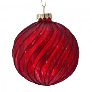 Γυάλινη κόκκινη ριγέ χριστουγεννιάτικη μπάλα σετ των έξι τεμαχίων 8 εκ