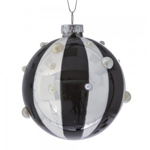 Χριστουγεννιάτικη γυάλινη ριγέ μπάλα σε λευκό και μαύρο χρώμα με πέρλες σετ έξι 8 εκ