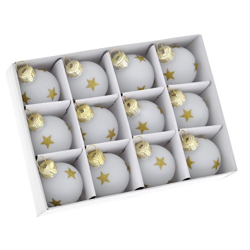 Χριστουγεννιάτικη λευκή γυάλινη μπάλα με χρυσά αστέρια σετ των δώδεκα 3 εκ