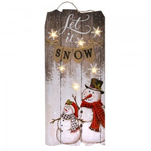 Ξύλινη διακοσμητική χριστουγεννιάτικη πινακίδα let it snow και με χιονάνθρωπους με  led φωτάκια 22x2x50 εκ