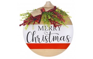 Ξύλινη στρογγυλή χριστουγεννιάτικη με γκρι και καρό κορδέλα πινακίδα Merry Christmas 35 εκ