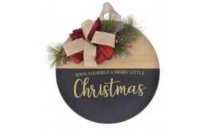 Διακοσμητική ξύλινη στρογγυλή πινακίδα Christmas και καρό κορδέλα 35 εκ