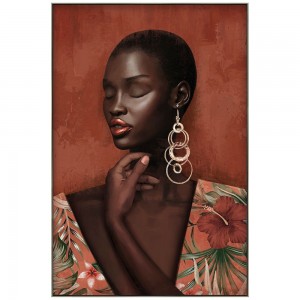 Πίνακας ελαιογραφίας σε τύπωμα πάνω σε καμβά με θέμα Αφρικάνας και χρυσό σκουλαρίκι 82x122 εκ