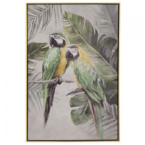 Πίνακας με πράσινους παπαγάλους σε φύλλα πάνω σε τυπωμένο καμβά με κορνίζα 62x92 εκ